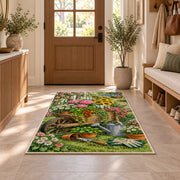 Wheelbarrow Garden Rug in an entryway with a wooden door and bench