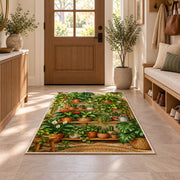 Houseplant Shelf Rug in an entryway with a wooden door and bench