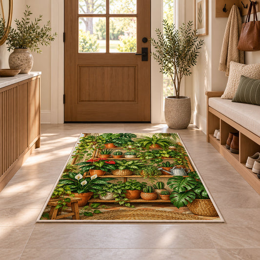 Houseplant Shelf Rug in an entryway with a wooden door and bench