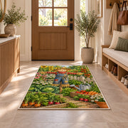 Scarecrow Garden Rug in an entryway with a wooden door and bench