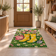 Rain Boots Flower Rug in an entryway with a wooden door and bench