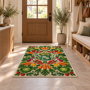 Vegetable Mandala Rug in an entryway with a wooden door and bench