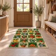 Checkered Garden Rug in an entryway with a wooden door and bench