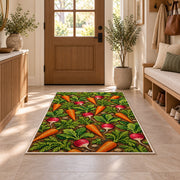Carrot and Radish Rug in an entryway with a wooden door and bench