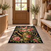 Watering Can Floral Rug in an entryway with a wooden door and bench
