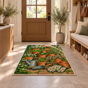 Terracotta Pots Rug in an entryway with a wooden door and bench