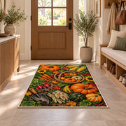 Fall Harvest Garden Rug in an entryway with a wooden door and bench
