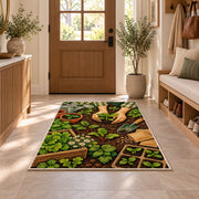 Planting Seedlings Rug in an entryway with a wooden door and bench