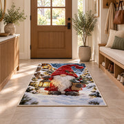 winter gnome with lantern rug in an entryway with a wooden door and bench