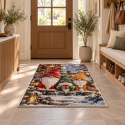 family of three gnomes rug in an entryway with a wooden door and bench