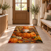 autumn gnome with pumpkins rug in an entryway with a wooden door and bench