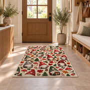 gnome pattern with hearts and mushrooms rug in an entryway with a wooden door and bench