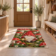 gnome in a mushroom garden rug in an entryway with a wooden door and bench