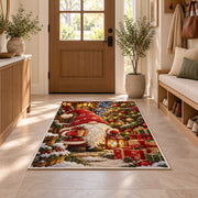 gnome by a decorated Christmas tree rug in an entryway with a wooden door and bench