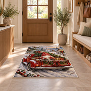 gnome riding in a red truck rug in an entryway with a wooden door and bench