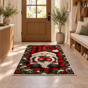 gnome on buffalo plaid rug in an entryway with a wooden door and bench