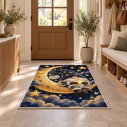 gnome sitting on the crescent moon rug in an entryway with a wooden door and bench