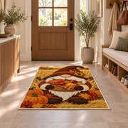 Thanksgiving harvest gnome rug in an entryway with a wooden door and bench