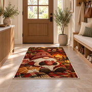 gnome by the fireplace rug in an entryway with a wooden door and bench