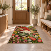 gnome watering tulips rug in an entryway with a wooden door and bench
