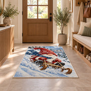 gnome sledding down a snowy hill rug in an entryway with a wooden door and bench