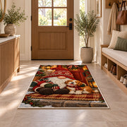 gnome and puppy on the porch rug in an entryway with a wooden door and bench