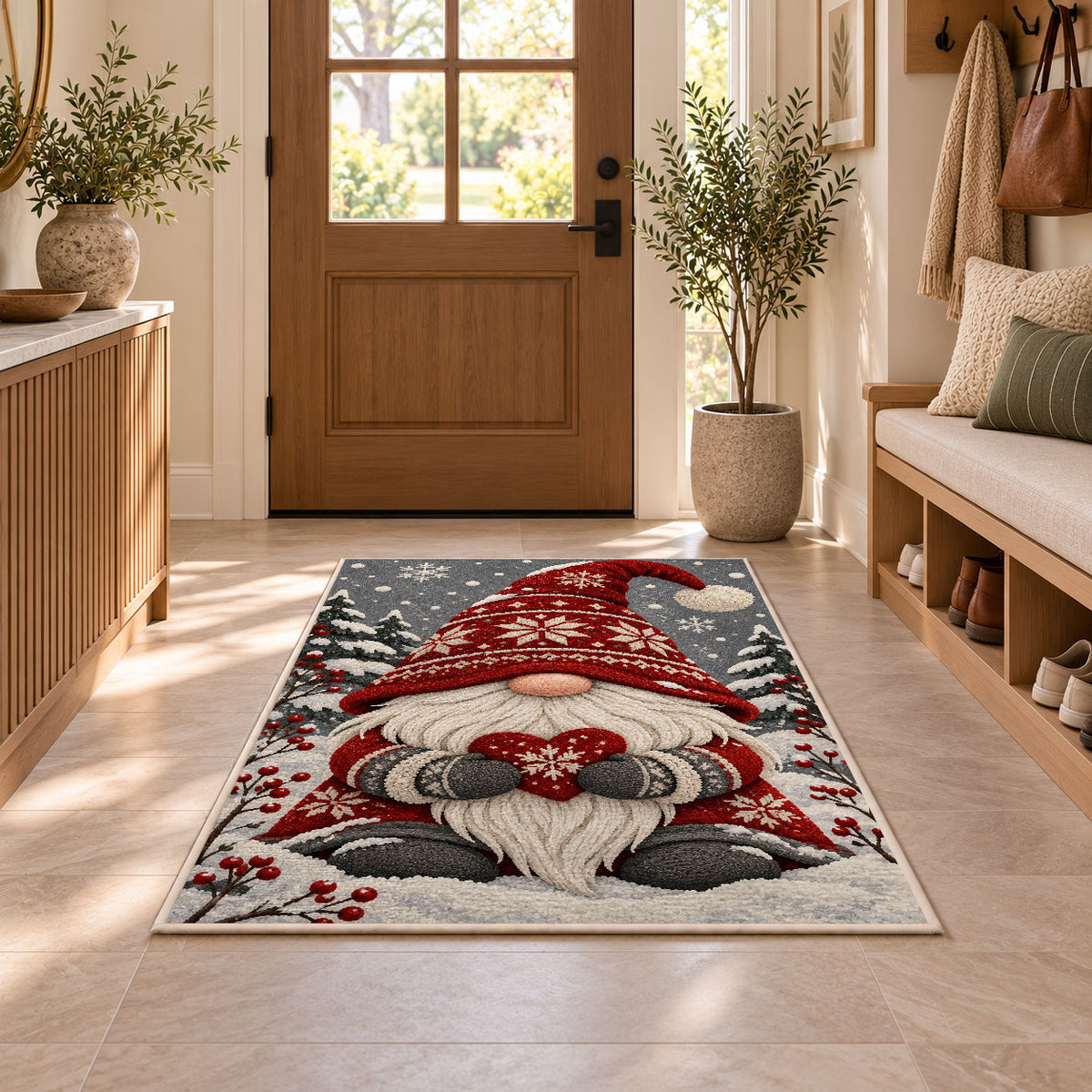Nordic gnome holding a heart rug in an entryway with a wooden door and bench