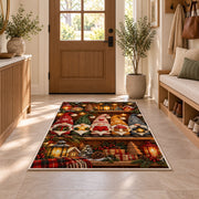 row of gnomes on a shelf rug in an entryway with a wooden door and bench