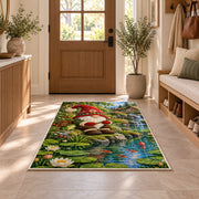 gnome fishing at a pond rug in an entryway with a wooden door and bench