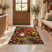 gnome at a mushroom house rug in an entryway with a wooden door and bench