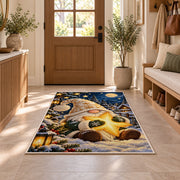 gnome hugging a golden star rug in an entryway with a wooden door and bench