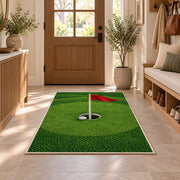 Golf hole and flag rug in an entryway with a wooden door and bench