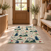 Golf icons pattern rug in an entryway with a wooden door and bench