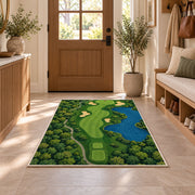Golf course map rug in an entryway with a wooden door and bench