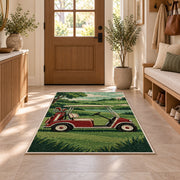 Retro golf cart rug in an entryway with a wooden door and bench