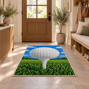 Golf ball on tee rug in an entryway with a wooden door and bench