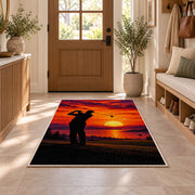 Golfer sunset rug in an entryway with a wooden door and bench
