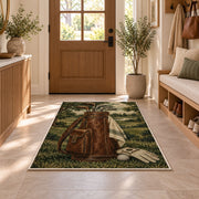Leather golf bag rug in an entryway with a wooden door and bench