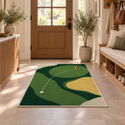 Minimal golf green rug in an entryway with a wooden door and bench