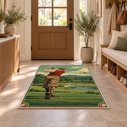 Vintage golfer poster rug in an entryway with a wooden door and bench