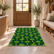Golf flags pattern rug in an entryway with a wooden door and bench