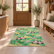 Kids golf rug in an entryway with a wooden door and bench