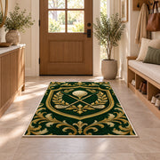 Golf club crest rug in an entryway with a wooden door and bench