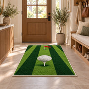 Fairway stripes rug in an entryway with a wooden door and bench