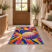 Pop art golf rug in an entryway with a wooden door and bench