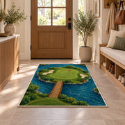 Island green rug in an entryway with a wooden door and bench