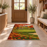 Autumn golf course rug in an entryway with a wooden door and bench