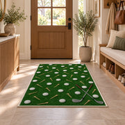 Golf balls and tees rug in an entryway with a wooden door and bench
