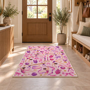 Gymnastics Pattern Rug in an entryway with a wooden door and bench