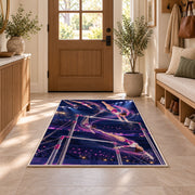 Uneven Bars Gymnastics Rug in an entryway with a wooden door and bench